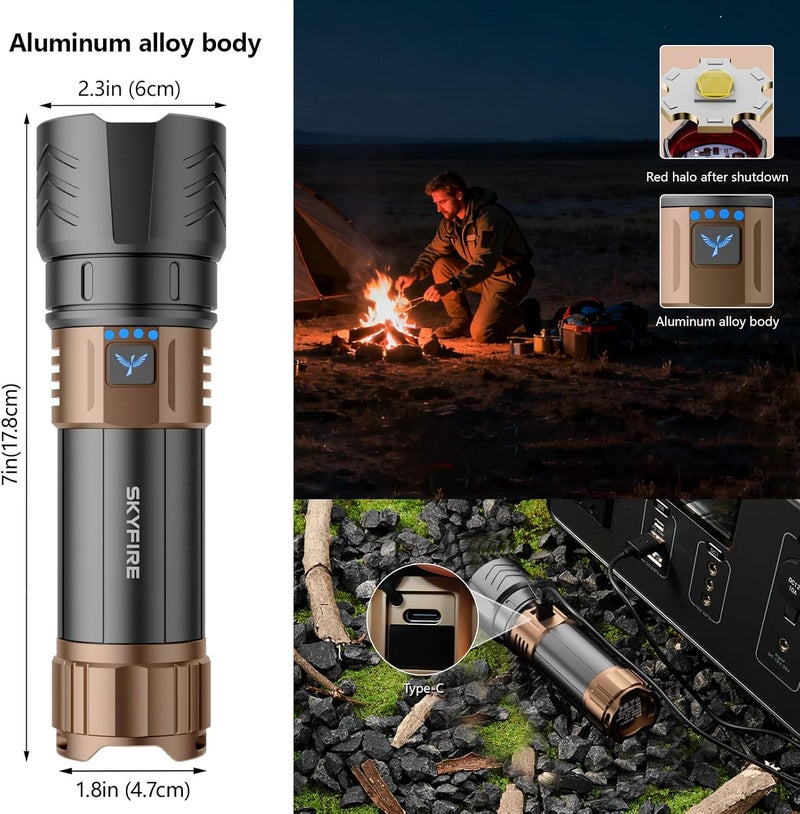 SkyFire مصابيح فلاش قابلة للشحن عالية اللمعان مع عدسة إشعال، 3000 لومن مصباح فلاش فائق السطوع، 7500 مللي أمبير، قابل للتكبير، مصباح تكتيكي مقاوم للماء لأساسيات التخييم في الهواء الطلق والهدايا - مُحسّن - Image 5